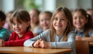 Immagine fotorealistica di bambini sorridenti e attenti in un'aula scolastica con aria visibilmente pulita e fresca, grazie a un sistema di ventilazione. Un sensore di qualità dell'aria discreto è visibile su una parete. Obiettivo zoom, 24mm per un'ampia visuale dell'ambiente, luce naturale brillante, colori vivaci, effetto leggermente cinematografico per un'atmosfera positiva.