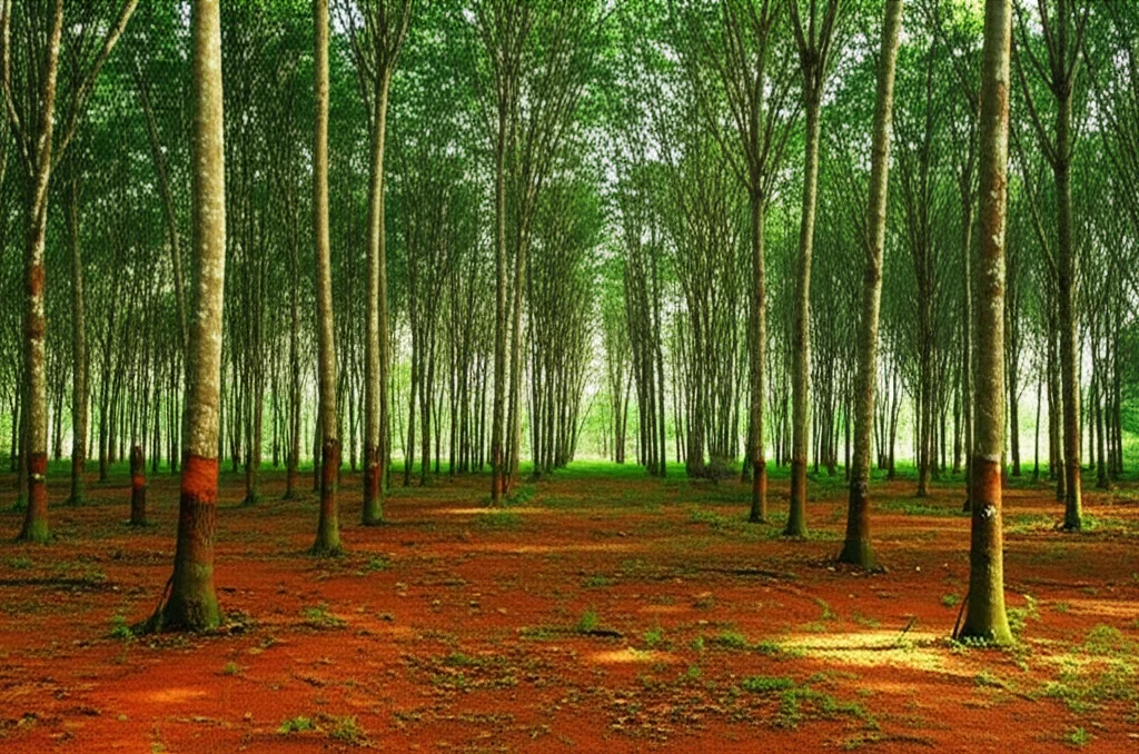 Panoramica di una piantagione di alberi della gomma (Hevea brasiliensis) in Yunnan, Cina, con focus sul terreno rossiccio tra i filari, obiettivo grandangolare 24mm, luce diffusa del pomeriggio, alta definizione, che mostra l'ambiente dello studio sull'impatto dello zolfo.