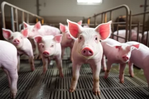 Primo piano fotorealistico di un gruppo di suinetti rosei in un allevamento pulito, uno guarda curioso verso la camera, obiettivo 35mm, profondità di campo che sfoca leggermente lo sfondo della stalla, luce naturale morbida che entra da una finestra laterale.