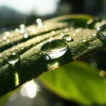 Primo piano macro di una foglia verde brillante con gocce di rugiada scintillanti alla luce del mattino, con il riflesso sfocato di un ambiente urbano sullo sfondo, obiettivo macro 100mm, illuminazione laterale morbida, messa a fuoco selettiva sulla goccia centrale.