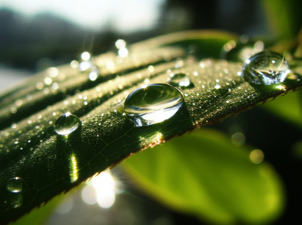 Primo piano macro di una foglia verde brillante con gocce di rugiada scintillanti alla luce del mattino, con il riflesso sfocato di un ambiente urbano sullo sfondo, obiettivo macro 100mm, illuminazione laterale morbida, messa a fuoco selettiva sulla goccia centrale.
