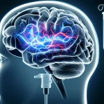 Ritratto concettuale di un cervello umano parzialmente trasparente che mostra aree di attività elettrica anomala (lampi rossi e blu interconnessi), sovrapposto a una flebo di chemioterapia stilizzata con busulfan, obiettivo 35mm, duotono blu e grigio scuro, profondità di campo per mettere a fuoco il cervello.