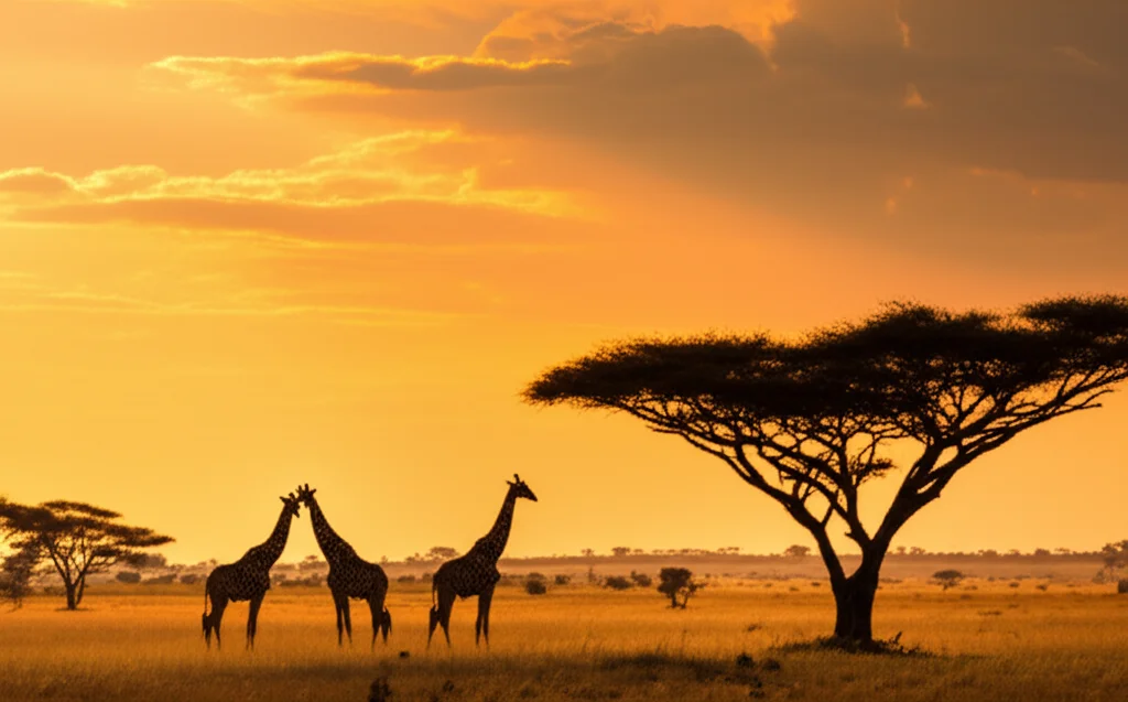 Un'immagine mozzafiato del Parco Nazionale Kruger in Sudafrica al tramonto, con giraffe che si stagliano contro il cielo arancione e un'acacia solitaria. Landscape wide angle, 10mm, long exposure, smooth clouds, colori caldi e vibranti, sharp focus.