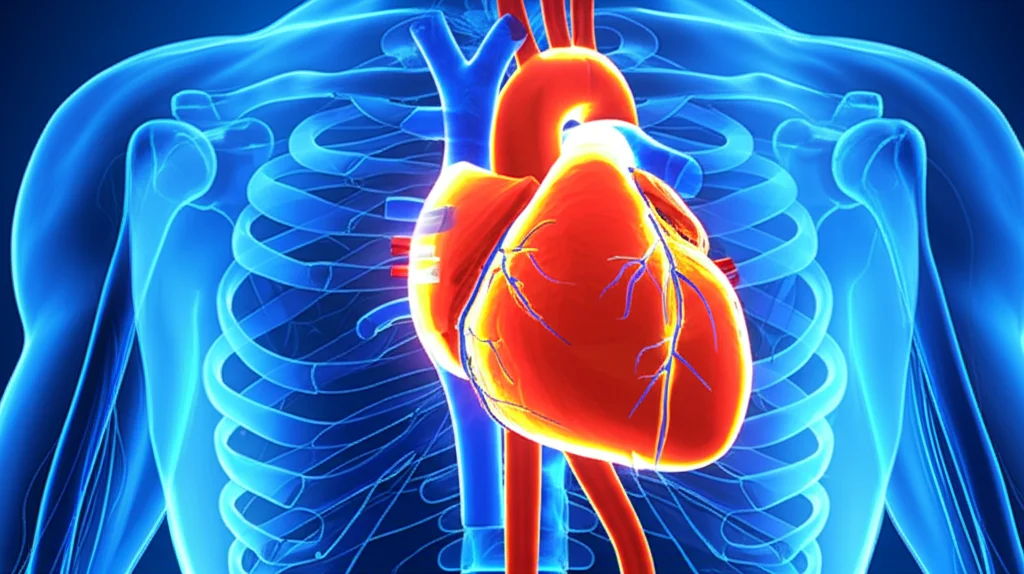 Visualizzazione 3D fotorealistica del cuore umano con depositi di amiloide brillanti (giallo/arancio) sulla superficie, collegato tramite linee luminose stilizzate ad altri organi come cervello, polmoni, milza e midollo osseo in background. Obiettivo macro 80mm, alta definizione, sfondo medico astratto blu scuro, illuminazione drammatica che enfatizza il cuore e le connessioni.