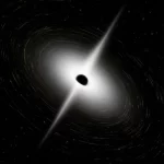 Visualizzazione artistica di un buco nero dinamico in un universo FLRW in espansione, con l'orizzonte degli eventi che si restringe e materia che si dissolve. L'immagine dovrebbe trasmettere il concetto di 'condizione di energia nulla' attraverso flussi di energia che non diventano mai negativi. Obiettivo grandangolare, 18mm, per catturare la vastità cosmica e il buco nero al centro, con un effetto di lunga esposizione per scie luminose rappresentanti l'energia. Focus nitido sul buco nero.