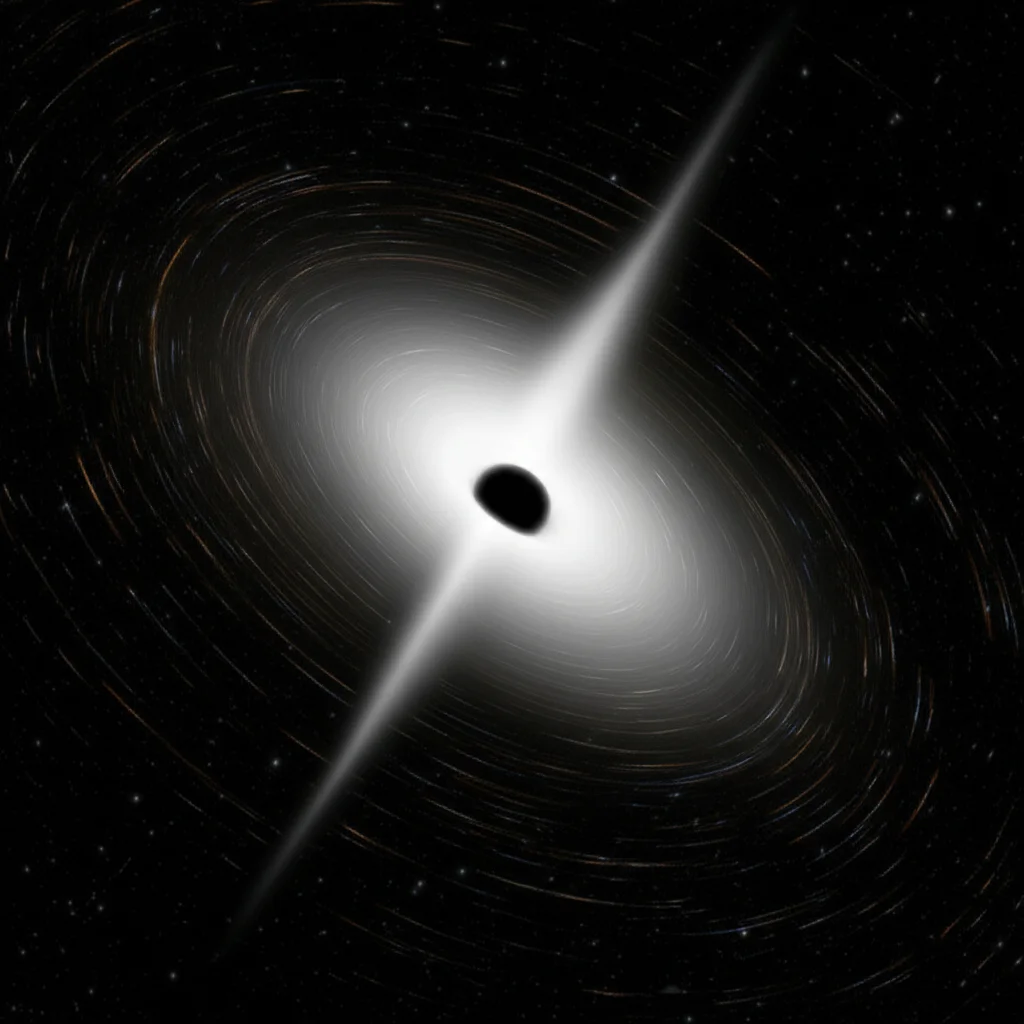 Visualizzazione artistica di un buco nero dinamico in un universo FLRW in espansione, con l'orizzonte degli eventi che si restringe e materia che si dissolve. L'immagine dovrebbe trasmettere il concetto di 'condizione di energia nulla' attraverso flussi di energia che non diventano mai negativi. Obiettivo grandangolare, 18mm, per catturare la vastità cosmica e il buco nero al centro, con un effetto di lunga esposizione per scie luminose rappresentanti l'energia. Focus nitido sul buco nero.