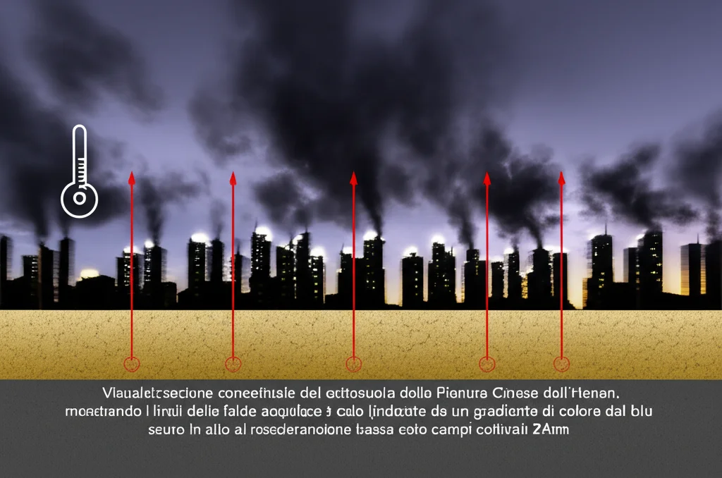 Visualizzazione concettuale del sottosuolo della Pianura Cinese dell'Henan, mostrando i livelli delle falde acquifere in calo (indicate da un gradiente di colore dal blu scuro in alto al rosso/arancione in basso) sotto campi coltivati stilizzati e profili di città. Elementi grafici come frecce rosse verso il basso e piccoli simboli di termometri in aumento sono integrati nella scena. Obiettivo grandangolare 24mm, profondità di campo che mantiene a fuoco sia il sottosuolo che la superficie, illuminazione drammatica laterale.