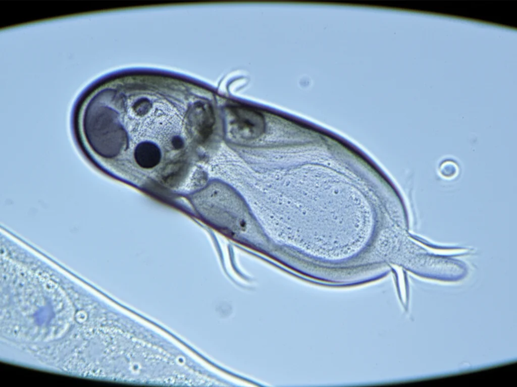 Fotografia macro di un embrione di topo nelle primissime fasi (stadio 2-4 cellule) sotto un microscopio, con dettagli cellulari nitidi, illuminazione controllata per evidenziare le strutture, lunghezza focale 80mm macro.