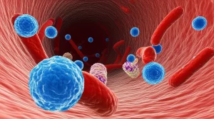 Immagine concettuale ad alta risoluzione del sistema immunitario (linfociti T e monociti in primo piano) che interagisce con cellule tumorali del colon-retto all'interno di un vaso sanguigno. Obiettivo macro 85mm, illuminazione drammatica che evidenzia le cellule, profondità di campo ridotta per focalizzare l'interazione.