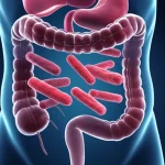 Immagine concettuale di batteri Acinetobacter baumannii con geni di resistenza (blaNDM-1) evidenziati in rosso brillante, fluttuanti all'interno di una stilizzazione dell'intestino umano, con un effetto di profondità di campo, obiettivo 35mm, duotone blu scuro e rosso per enfatizzare la minaccia nascosta.