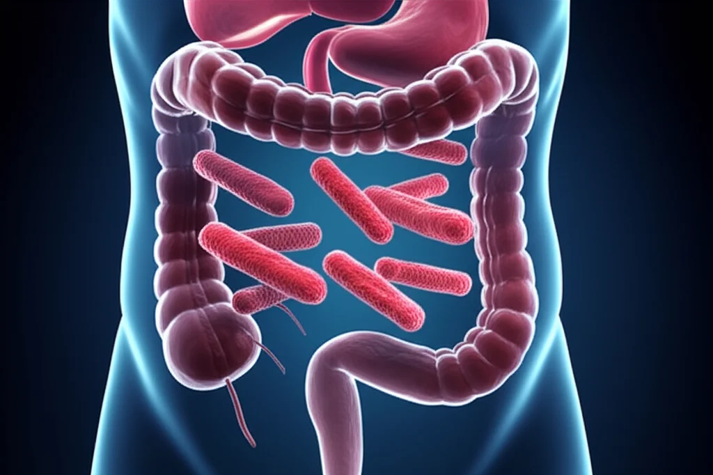 Immagine concettuale di batteri Acinetobacter baumannii con geni di resistenza (blaNDM-1) evidenziati in rosso brillante, fluttuanti all'interno di una stilizzazione dell'intestino umano, con un effetto di profondità di campo, obiettivo 35mm, duotone blu scuro e rosso per enfatizzare la minaccia nascosta.