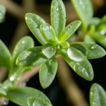 Immagine macro di una pianta di Zygophyllum decumbens con gocce di rugiada sulle foglie, illuminazione controllata per evidenziare i dettagli, obiettivo macro 100mm, che simboleggia la sua ricchezza fitochimica e il potenziale biotecnologico.