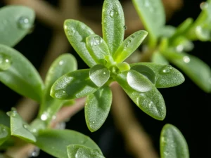 Immagine macro di una pianta di Zygophyllum decumbens con gocce di rugiada sulle foglie, illuminazione controllata per evidenziare i dettagli, obiettivo macro 100mm, che simboleggia la sua ricchezza fitochimica e il potenziale biotecnologico.