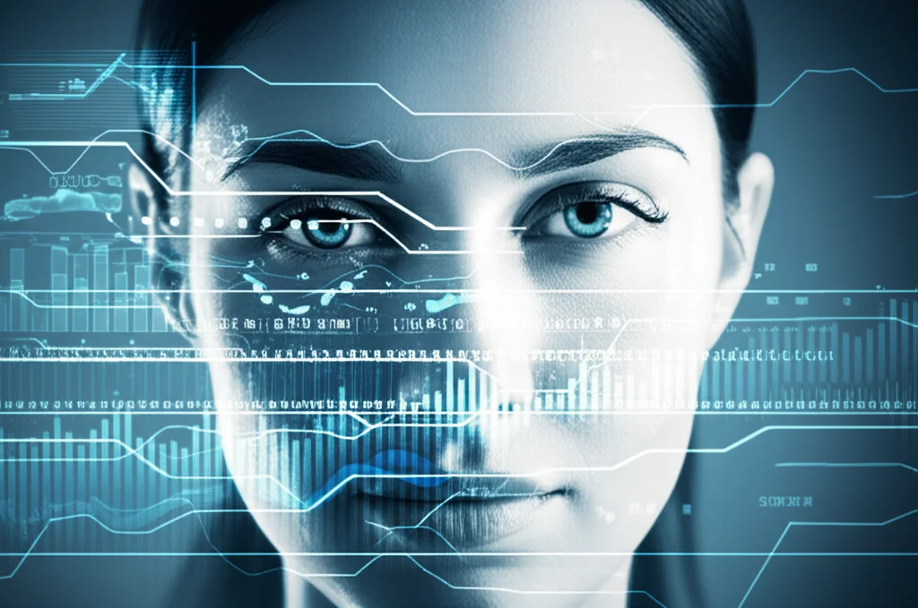 Un'immagine concettuale di un volto umano parzialmente digitalizzato, con linee di codice e grafici sovrapposti che simboleggiano l'analisi AI per la diagnosi medica, obiettivo prime da 35mm, duotone blu e argento, profondità di campo.