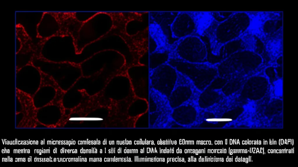 Visualizzazione al microscopio confocale di un nucleo cellulare, obiettivo 60mm macro, con il DNA colorato in blu (DAPI) che mostra regioni di diversa densità e i siti di danno al DNA indotti da oncogeni marcati in rosso (gamma-H2AX), concentrati nelle zone di eucromatina meno condensata. Illuminazione precisa, alta definizione dei dettagli.