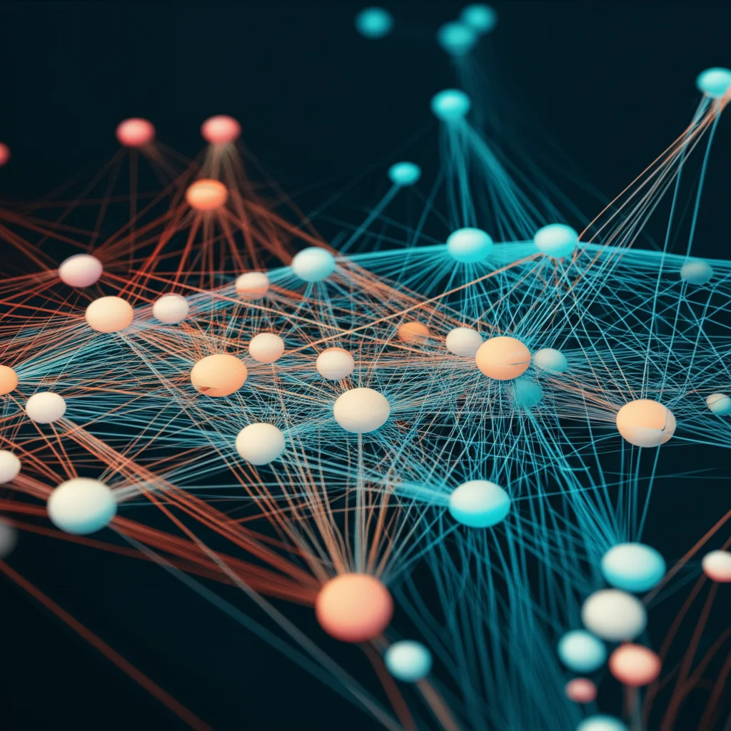 Visualizzazione artistica di una rete neurale complessa che si svela per mostrare al suo interno funzioni matematiche interpretabili come logistiche e RBF, simboleggiando la demistificazione di deepDMD. Prime lens, 35mm, depth of field, con colori caldi e freddi in duotone (arancione e ciano) per evidenziare il contrasto tra complessità e chiarezza.