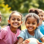 A 35mm portrait, depth of field, showing a diverse group of children smiling and engaged in a healthy activity, representing hope and progress in pediatric weight management. Add details: bright, positive atmosphere, focus on their happy faces.
