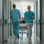 A photorealistic image of a hospital corridor, with a patient being wheeled past by medical staff, 35mm portrait, depth of field.