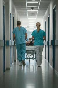 A photorealistic image of a hospital corridor, with a patient being wheeled past by medical staff, 35mm portrait, depth of field.