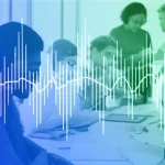 A stylized representation of brainwaves superimposed over a diverse group of students learning English in a bright, modern classroom. Prime lens, 35mm, depth of field, with a focus on the intersection of technology and education, duotone in blue and green.
