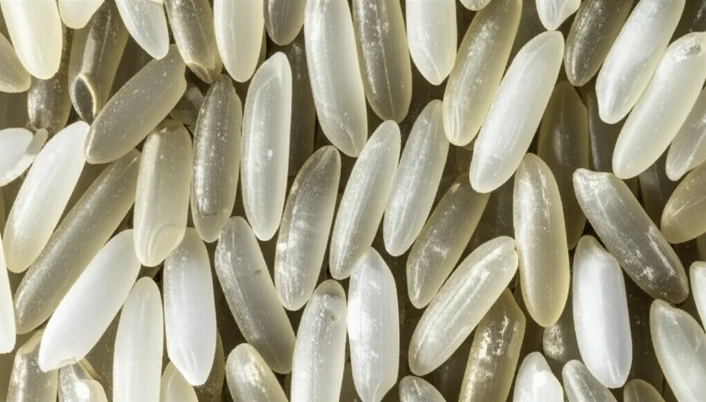 Fotografia macro di chicchi di riso di alta qualità, alcuni traslucidi e perfetti, altri con evidenti aree opache e gessose, illuminazione da studio per evidenziare la texture, obiettivo macro 100mm, alta definizione, precisa messa a fuoco sui dettagli della gessosità.