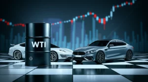 Immagine fotorealistica di un barile di petrolio WTI stilizzato e un'automobile moderna elegante, forse un SUV elettrico e una berlina a benzina, che si fronteggiano su una scacchiera finanziaria con grafici di borsa fluttuanti sullo sfondo. Illuminazione da studio con leggeri riflessi, obiettivo prime da 35mm, profondità di campo che sfoca leggermente lo sfondo per mettere a fuoco i soggetti principali, palette di colori duotone blu petrolio e grigio acciaio.