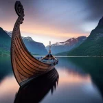 Immagine fotorealistica di una nave vichinga che naviga in un fiordo norvegese al crepuscolo, con montagne innevate e scoscese sullo sfondo. Obiettivo grandangolare 10-24mm, lunga esposizione per acqua liscia come seta e cielo suggestivo con colori caldi, focus nitido sulla prua decorata della nave e sul paesaggio maestoso.