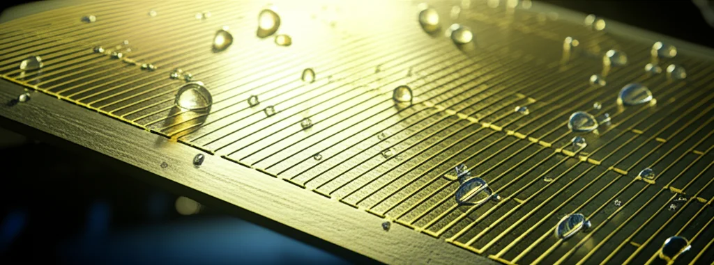 Immagine macro di una foglia artificiale di nuova generazione, con dettagli dei materiali in perovskite (Cl:FAPbI3) e degli elettrocatalizzatori (NiFeCo e CoSMoS-Pt), illuminata da una luce solare intensa che simboleggia la conversione dell'energia in idrogeno. Macro lens, 80mm, high detail, precise focusing, controlled lighting, con piccole bolle di gas che si formano sulla superficie.