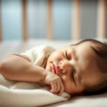 Neonato che dorme serenamente in una culla, protetto simbolicamente da una luce calda e soffusa, obiettivo 50mm, profondità di campo che sfoca leggermente lo sfondo, evocando sicurezza e cura grazie all'immunizzazione.