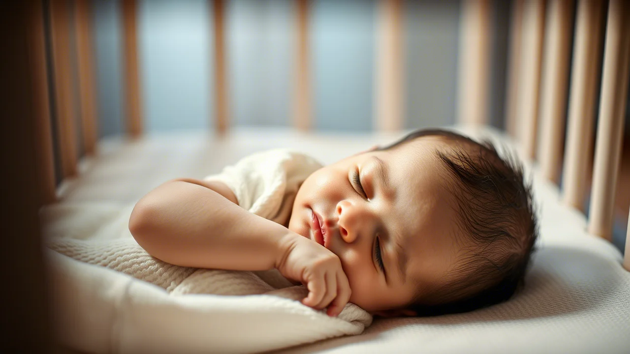 Neonato che dorme serenamente in una culla, protetto simbolicamente da una luce calda e soffusa, obiettivo 50mm, profondità di campo che sfoca leggermente lo sfondo, evocando sicurezza e cura grazie all'immunizzazione.