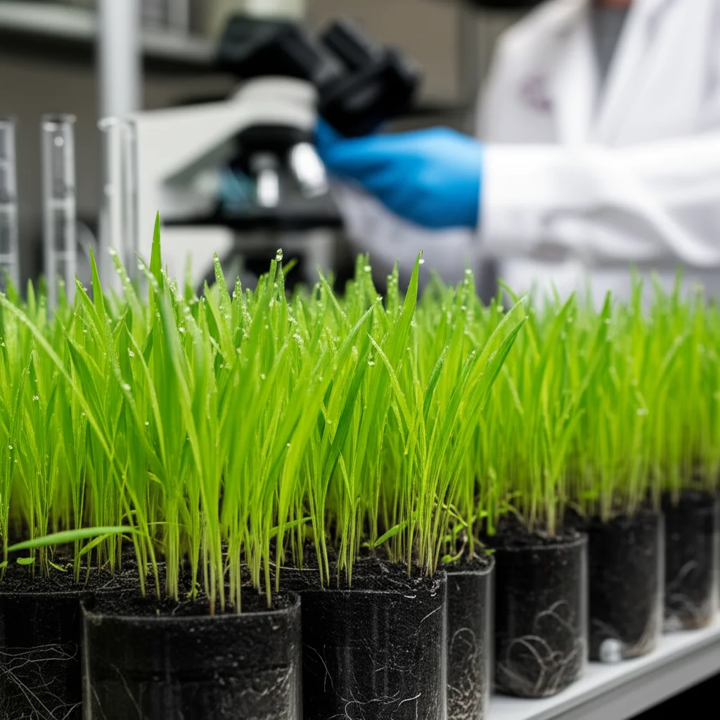 Primo piano di rigogliose piantine di riso verde brillante che crescono in un terreno scuro arricchito con biochar modificato con zolfo. Sullo sfondo, un accenno a un laboratorio scientifico pulito e moderno con strumentazione visibile. Illuminazione controllata e brillante, obiettivo macro da 90mm per dettagli nitidi sulle goccioline d'acqua sulle foglie e sulla texture porosa del biochar mescolato al terreno. L'immagine evoca salute, crescita vigorosa e innovazione scientifica applicata all'agricoltura.