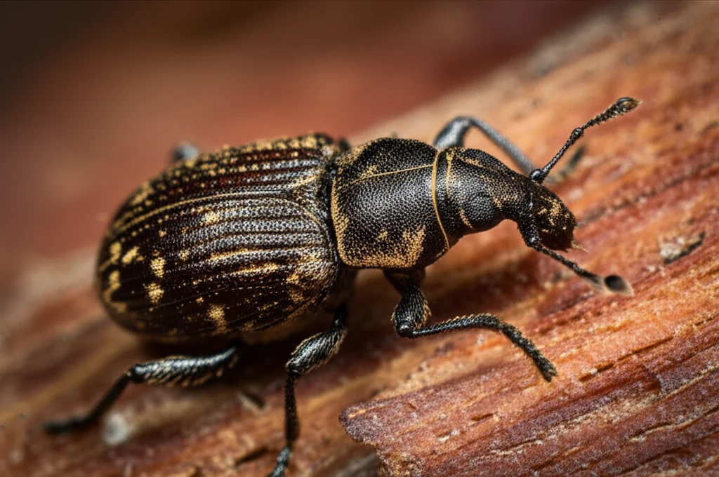 Primo piano estremo di un coleottero Scolytinae, forse del genere Ips, che emerge da un foro circolare su una corteccia scura di conifera. Dettagli nitidi dell'insetto, delle sue antenne e della texture ruvida del legno. Illuminazione laterale drammatica per creare ombre e profondità, mettendo in risalto l'insetto. Obiettivo macro 105mm, alta definizione, messa a fuoco precisa sull'occhio dell'insetto.