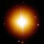 Rappresentazione fotorealistica di una stella di quark strana, un oggetto celeste incredibilmente denso, che emette deboli pulsazioni luminose nello spazio profondo. Astro photography, wide angle 10mm, long exposure, sharp focus, con dettagli sulla sua superficie esotica e l'ambiente circostante.