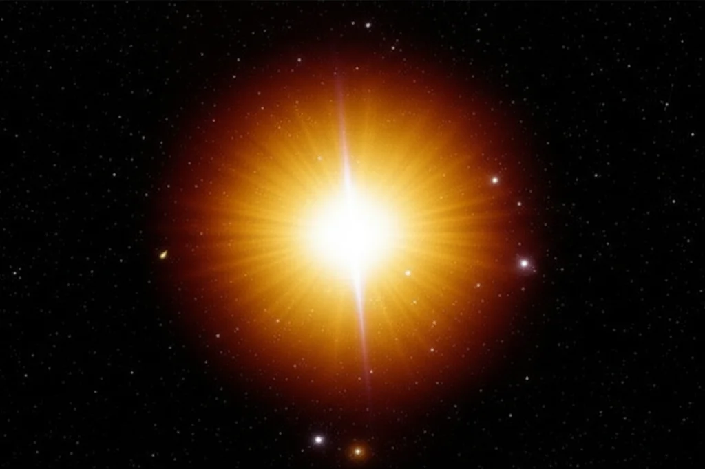 Rappresentazione fotorealistica di una stella di quark strana, un oggetto celeste incredibilmente denso, che emette deboli pulsazioni luminose nello spazio profondo. Astro photography, wide angle 10mm, long exposure, sharp focus, con dettagli sulla sua superficie esotica e l'ambiente circostante.