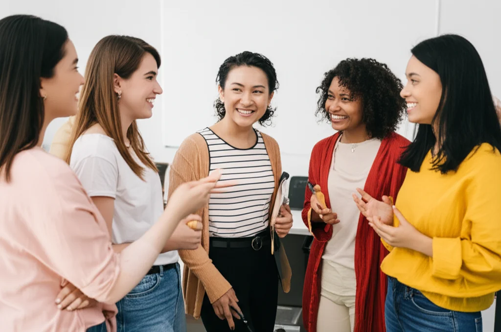 Un gruppo diversificato di donne BIPOC docenti universitarie sorridenti e impegnate in una discussione collaborativa in un'aula universitaria moderna e luminosa. Fotografia di ritratto di gruppo, obiettivo da 35mm, luce naturale, colori caldi e accoglienti, profondità di campo che enfatizza le interazioni positive.