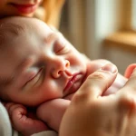 Un neonato sereno e in salute, con una leggera sfumatura gialla sulla pelle tipica dell'ittero ma dall'aspetto generale sano, tenuto in braccio amorevolmente dalla madre. La luce naturale soffusa entra da una finestra laterale, creando un'atmosfera calda. Primo piano sul viso del bambino e sulle mani della madre, obiettivo da ritratto 35mm, colori caldi e accoglienti, effetto bokeh sullo sfondo per isolare i soggetti e trasmettere un senso di cura e speranza.