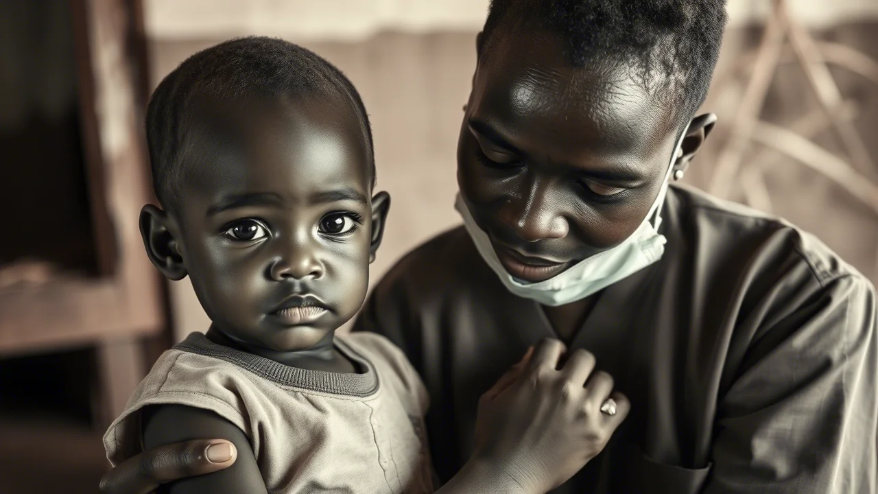 Un ritratto fotografico di un bambino ghanese di circa 3 anni, con un sorriso timido ma speranzoso, mentre un operatore sanitario misura delicatamente la circonferenza del suo braccio (MUAC) in un contesto di clinica rurale nel nord del Ghana. Obiettivo prime, 35mm, bianco e nero con un leggero duotone seppia e grigio per un effetto emotivo, profondità di campo per mettere a fuoco il bambino e l'operatore, lasciando lo sfondo leggermente sfocato.