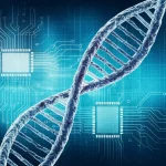 Visualizzazione artistica del DNA che si intreccia con simboli di genere maschile e femminile, su uno sfondo astratto che richiama circuiti biotecnologici. Obiettivo macro, 60mm, illuminazione controllata per evidenziare i dettagli e creare un'atmosfera scientifica ma accessibile.