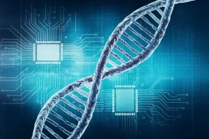 Visualizzazione artistica del DNA che si intreccia con simboli di genere maschile e femminile, su uno sfondo astratto che richiama circuiti biotecnologici. Obiettivo macro, 60mm, illuminazione controllata per evidenziare i dettagli e creare un'atmosfera scientifica ma accessibile.