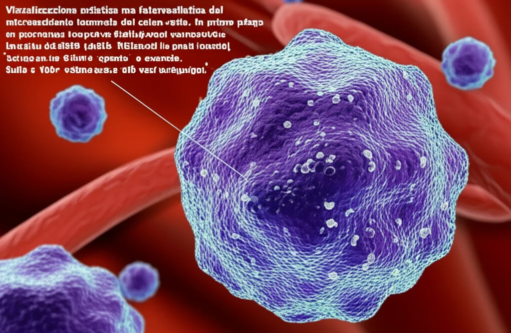 Visualizzazione artistica ma fotorealistica del microambiente tumorale del colon-retto. In primo piano, un macrofago (grande cellula con texture complessa) esprime la proteina VSIG4 (punti luminosi sulla superficie). Vicino, un linfocita T CD8+ appare 'spento' o esausto. Sullo sfondo, cellule tumorali e vasi sanguigni stilizzati. Macro lens, 100mm, high detail, precise focusing, controlled lighting, interazione tra cellule immunitarie nel cancro.
