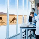 Foto grandangolare, obiettivo 20mm, interno di un moderno laboratorio di ricerca con scienziati in camice bianco che analizzano campioni al microscopio e su computer; sullo sfondo, visibile attraverso una grande finestra, un paesaggio desertico con un piccolo gruppo di dromedari al pascolo sotto il sole, messa a fuoco nitida su tutto il campo, illuminazione interna brillante e professionale che contrasta con la luce esterna del deserto, contesto di ricerca zoonotica avanzata.