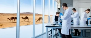 Foto grandangolare, obiettivo 20mm, interno di un moderno laboratorio di ricerca con scienziati in camice bianco che analizzano campioni al microscopio e su computer; sullo sfondo, visibile attraverso una grande finestra, un paesaggio desertico con un piccolo gruppo di dromedari al pascolo sotto il sole, messa a fuoco nitida su tutto il campo, illuminazione interna brillante e professionale che contrasta con la luce esterna del deserto, contesto di ricerca zoonotica avanzata.