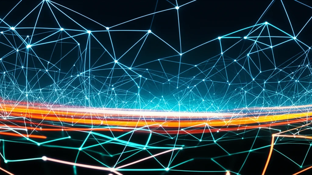 Foto panoramica wide-angle, scattata con obiettivo 10mm, che mostra una rete complessa di nodi luminosi interconnessi (rappresentanti robot o risorse) che operano in modo fluido all'interno di un ambiente futuristico stilizzato, potrebbe essere una smart city o un centro di controllo avanzato. Long exposure per creare scie luminose che indicano movimento e flusso di dati ottimizzato, sharp focus sull'intera scena, colori vibranti ma controllati per un look high-tech.