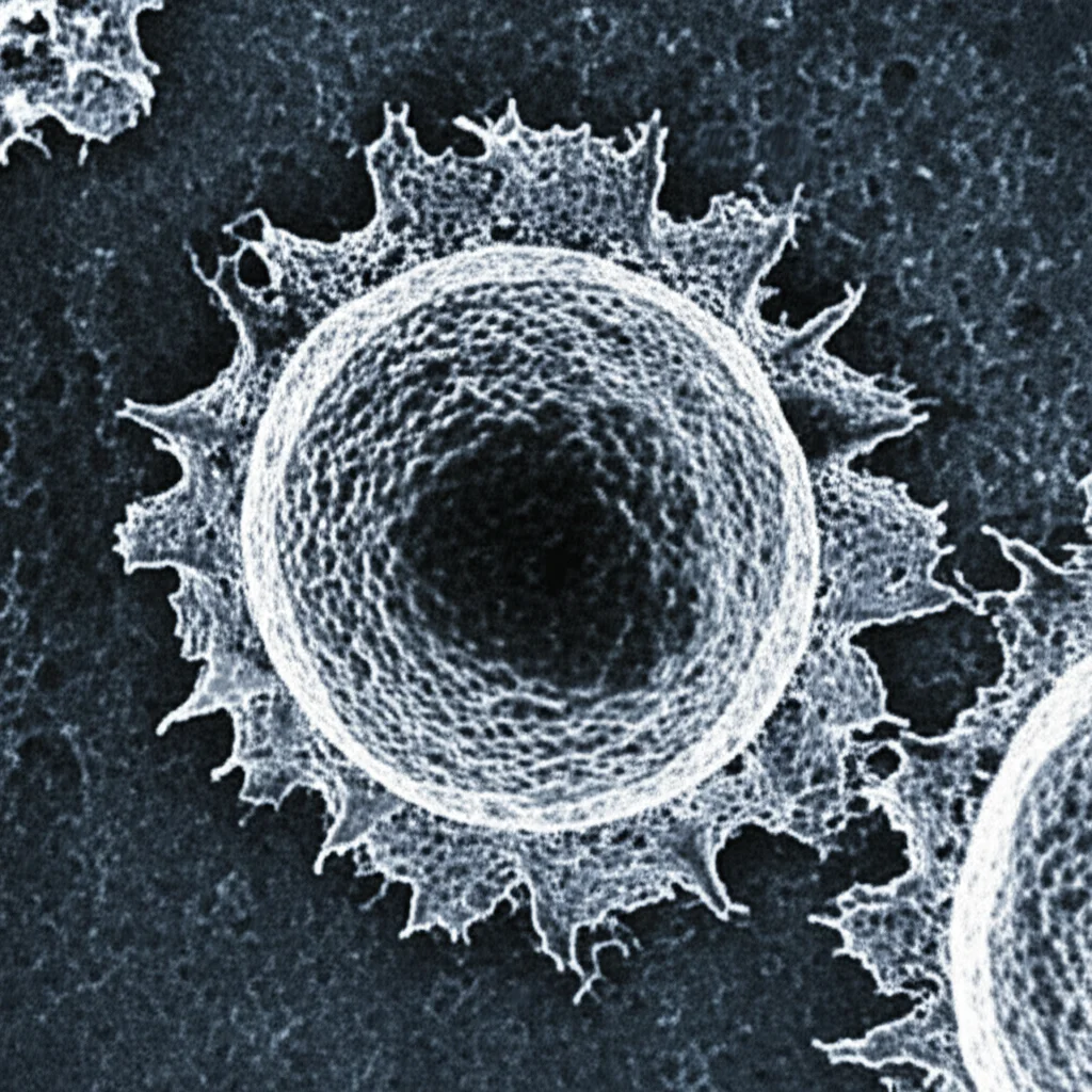 Illustrazione scientifica che mostra una cellula con vescicole ATG9A (verdi) che trasportano galectina-9 (particelle rosse) verso la membrana plasmatica per la secrezione. Prime lens, 35mm, depth of field, con colori brillanti su sfondo scuro per evidenziare il percorso di secrezione. Film noir, duotone blu e grigio per un effetto drammatico e dettagliato.