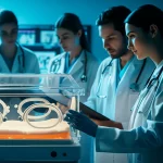 Immagine simbolica di un team di medici e ricercatori che analizzano dati su schermi in un moderno laboratorio, con un'incubatrice neonatale stilizzata in primo piano. Obiettivo prime 35mm, profondità di campo, toni blu e grigi per un'atmosfera seria e speranzosa.