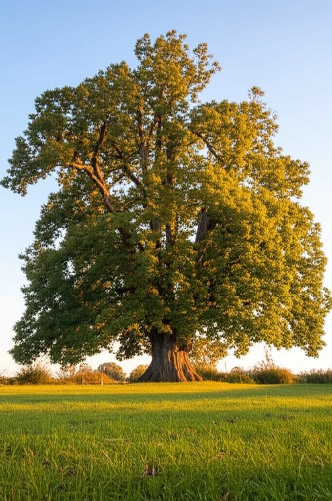 Imponente albero di Farnia (Quercus robur) isolato in un prato, fotografato con un obiettivo prime 35mm durante l'ora d'oro. La luce calda del tardo pomeriggio esalta la texture rugosa della corteccia e la forma espansa della chioma, ancora parzialmente verde nonostante la stagione avanzata (senescenza tardiva). Profondità di campo ridotta per sfocare leggermente lo sfondo e concentrare l'attenzione sull'albero.