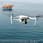 Motion, Telephoto zoom, 100-400mm, Fast shutter speed, Action or movement tracking, An unmanned autonomous vehicle (drone) flying low over calm ocean water, monitoring for subtle sheens on the surface near an offshore platform, capturing data.