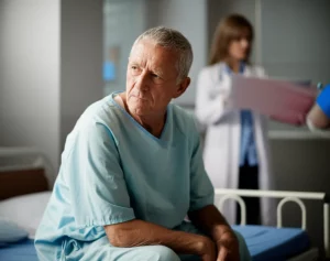 Photorealistic image, 35mm portrait lens, depth of field, focusing on a thoughtful elderly patient in a hospital gown sitting on a bed, with a blurred medical professional in the background.