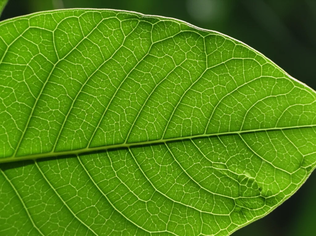 Primo piano dettagliato di una foglia composta di Dalbergia odorifera, illuminazione laterale controllata per evidenziare la texture vellutata e le venature, obiettivo macro 100mm, alta definizione, messa a fuoco precisa sulla nervatura centrale, sfondo sfocato verde scuro.