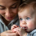 Un bambino piccolo, seduto sulle ginocchia di un adulto (caregiver), sta per prendere una medicina da un cucchiaino. L'adulto guarda il bambino con un'espressione incoraggiante e paziente. L'ambiente è domestico e rassicurante. Portrait photography, prime lens 35mm, depth of field che sfoca leggermente lo sfondo, luce naturale da una finestra vicina, colori caldi e accoglienti.